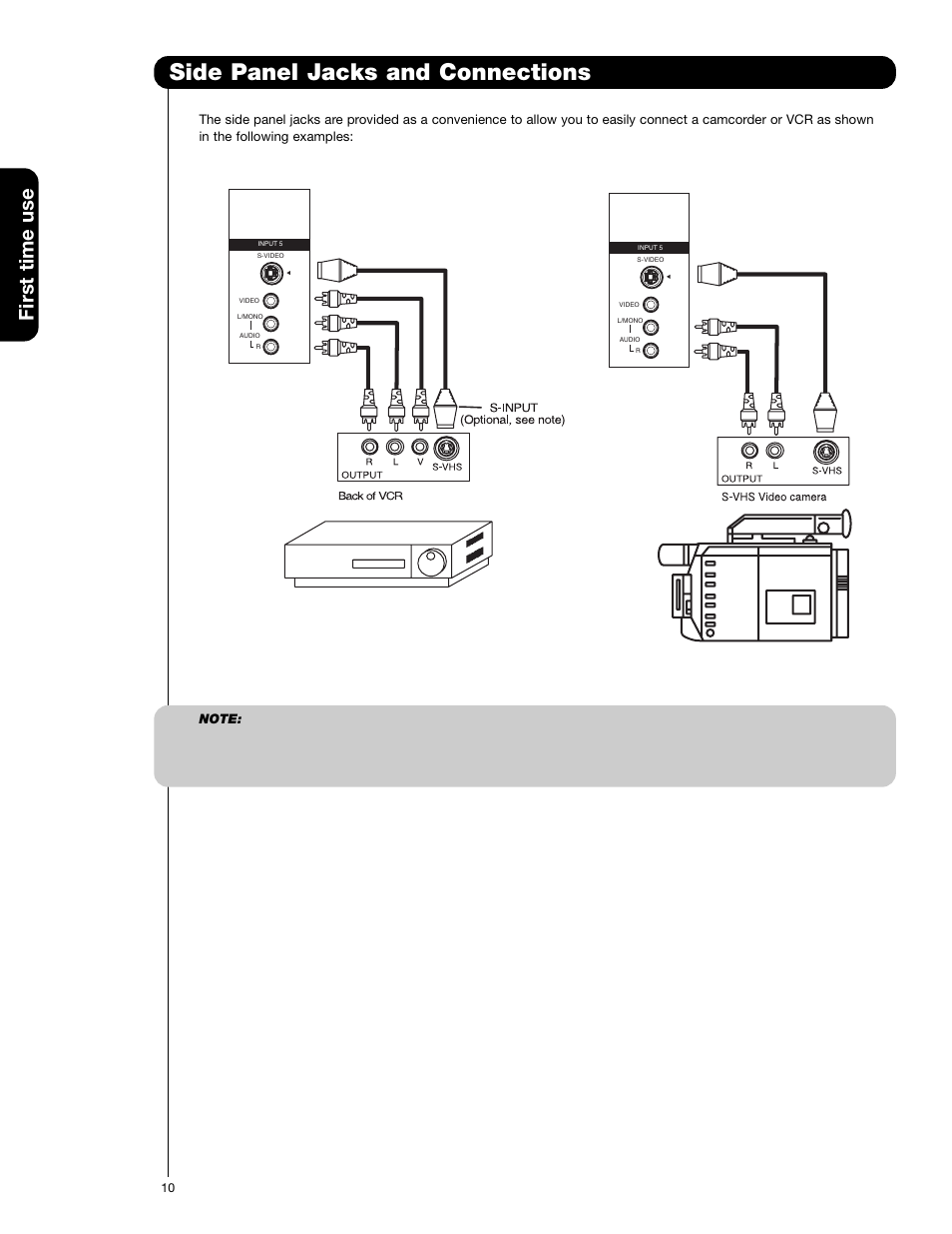 Side panel jacks and connections, First time use | Hitachi 50C20 User Manual | Page 10 / 72