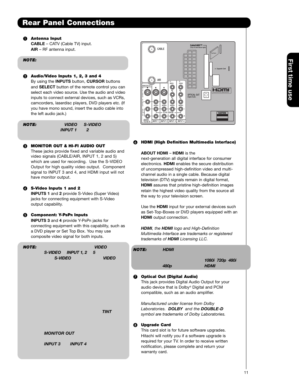 Rear panel connections, First time use, Inputs inputs 3 and 4 provide y-p | Input and the components r-y output to the tv’s p, Output to the tv’s p, Input and the component c | Hitachi 50C20 User Manual | Page 11 / 72