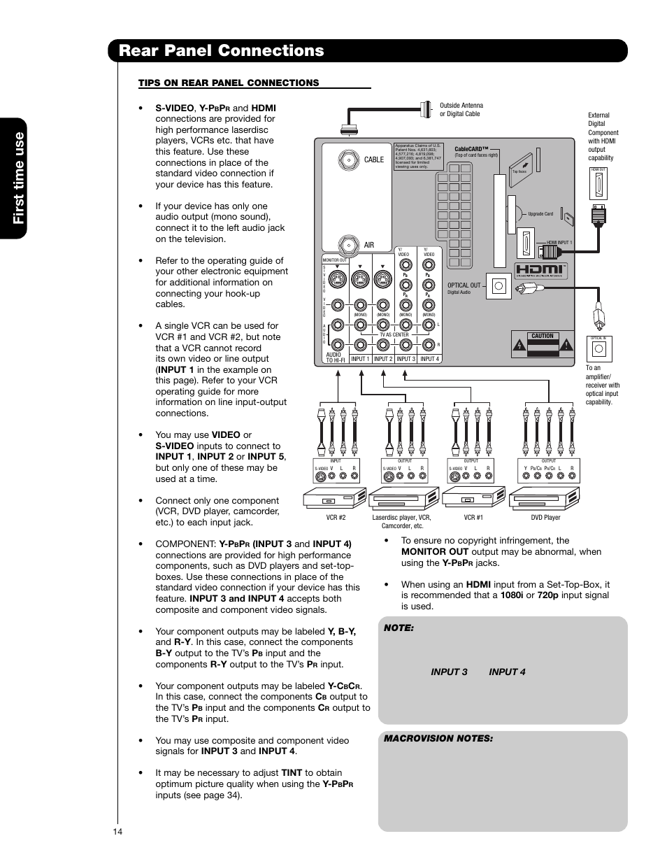 Rear panel connections, First time use, Tips on rear panel connections • s-video , y-p | Input and the components r-y output to the tv’s p, Input. • your component outputs may be labeled y-c, Output to the tv’s p, Input and the components c | Hitachi 50C20 User Manual | Page 14 / 72