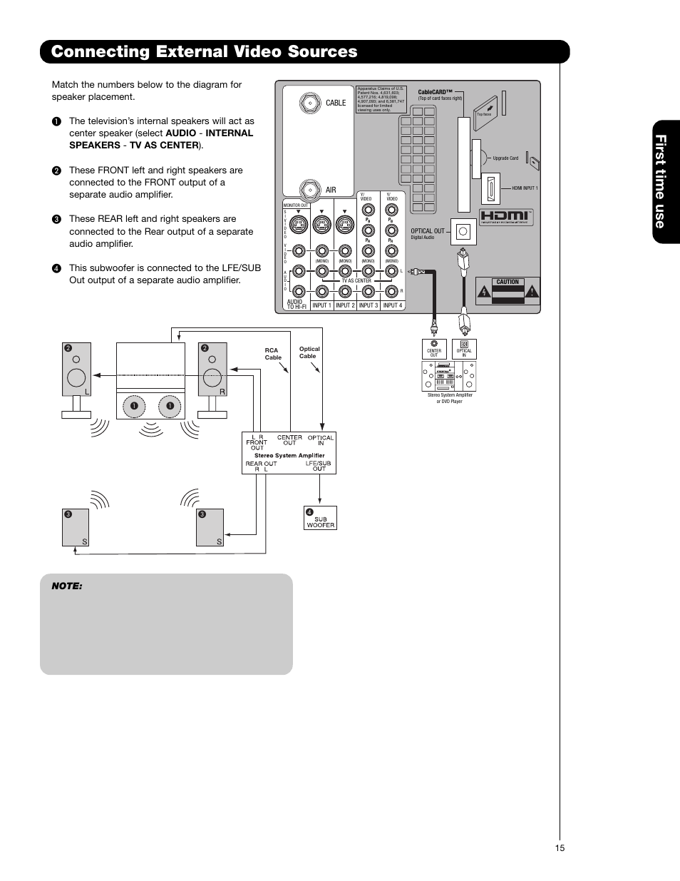 Connecting external video sources, First time use | Hitachi 50C20 User Manual | Page 15 / 72