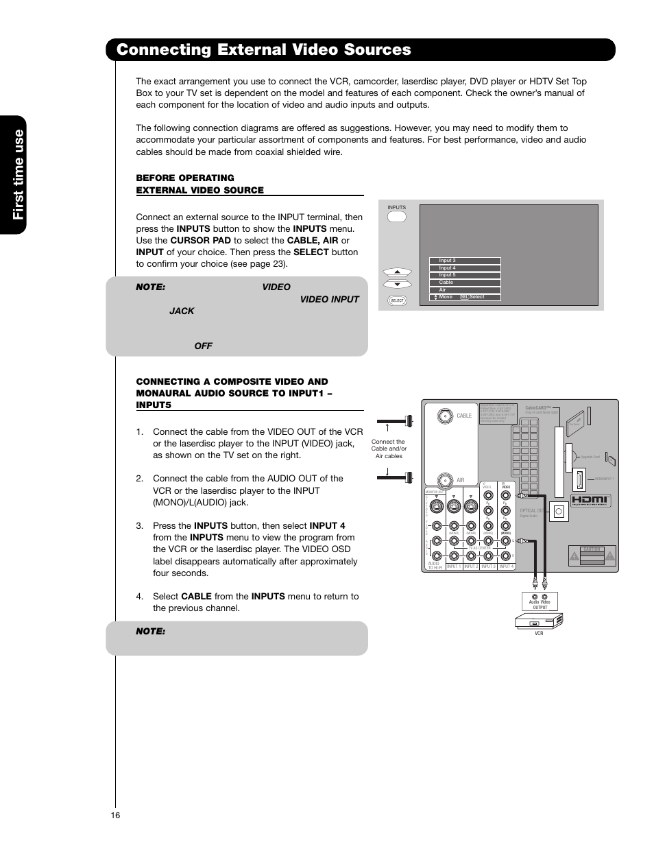 Connecting external video sources, First time use | Hitachi 50C20 User Manual | Page 16 / 72