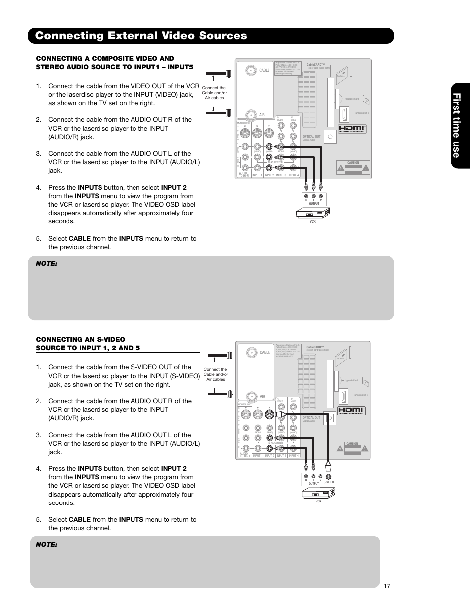 Connecting external video sources, First time use | Hitachi 50C20 User Manual | Page 17 / 72