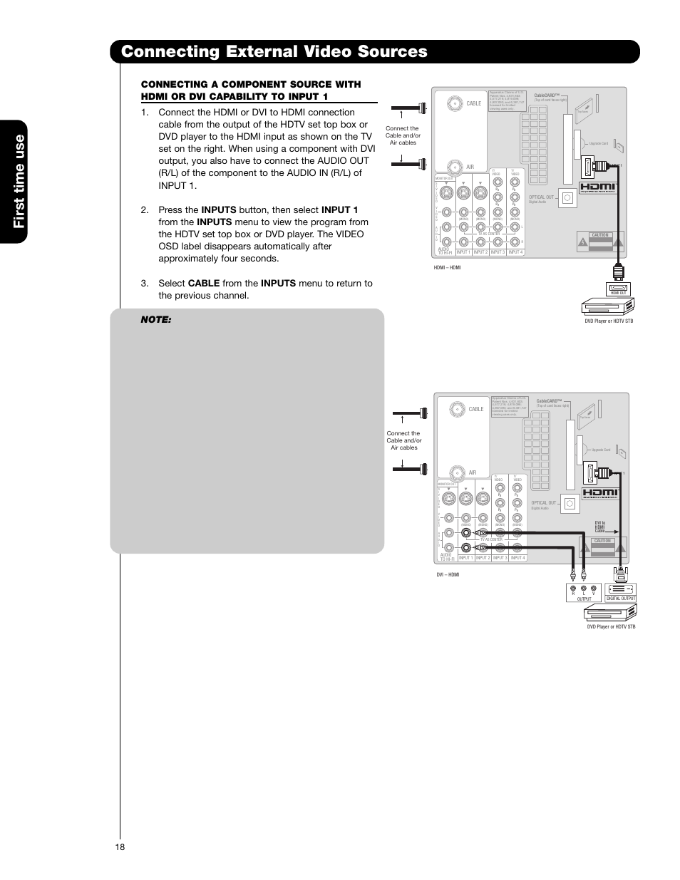 Connecting external video sources, First time use | Hitachi 50C20 User Manual | Page 18 / 72