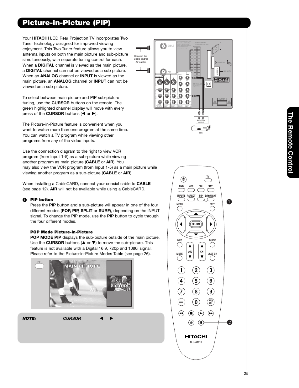 Picture-in-picture (pip), The remote contr ol, Main picture | Sub picture picture | Hitachi 50C20 User Manual | Page 25 / 72