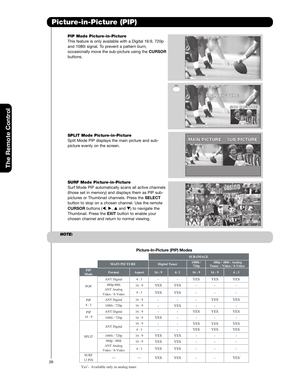 Picture-in-picture (pip), The remote contr ol | Hitachi 50C20 User Manual | Page 26 / 72