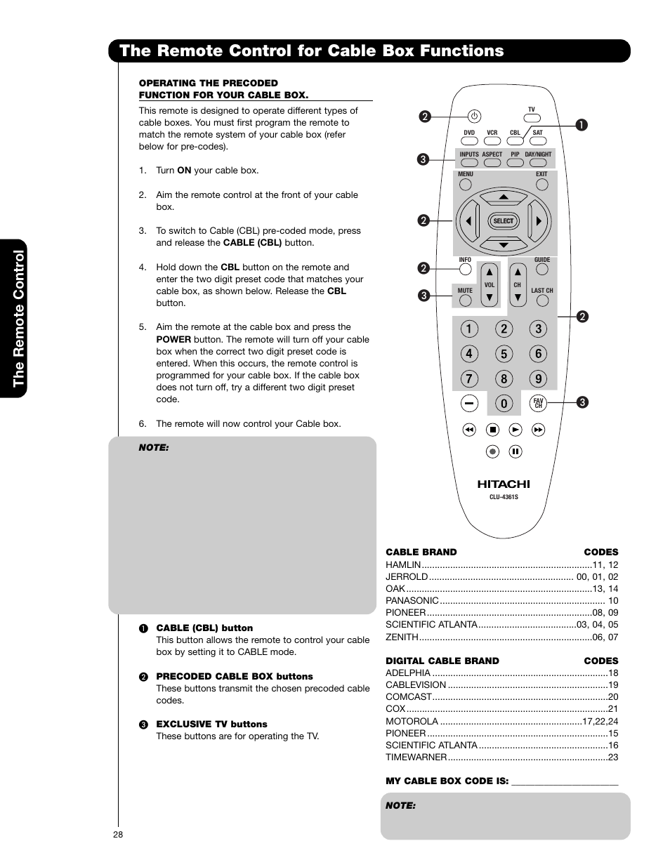 The remote control for cable box functions, The remote contr ol | Hitachi 50C20 User Manual | Page 28 / 72