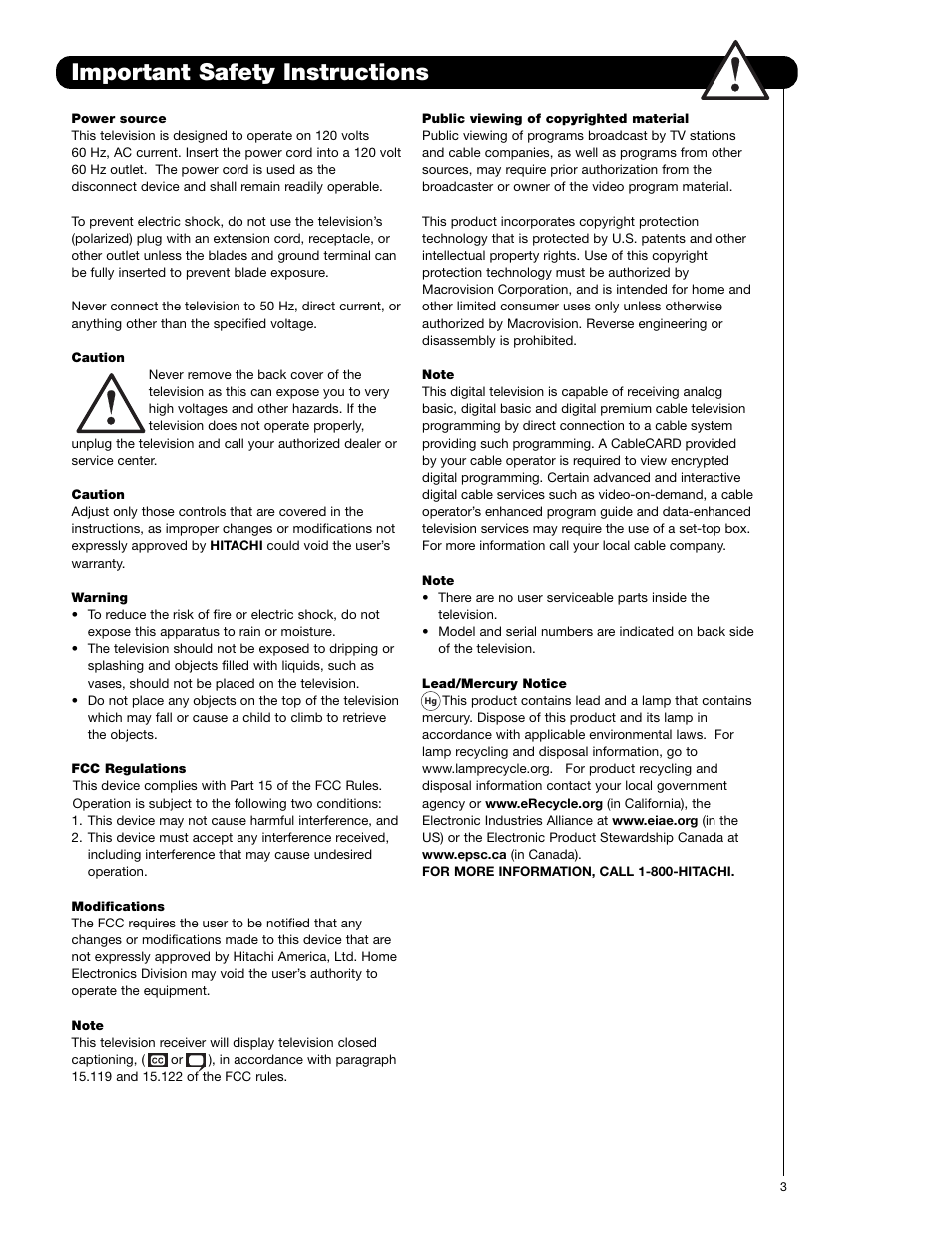 Important safety instructions | Hitachi 50C20 User Manual | Page 3 / 72