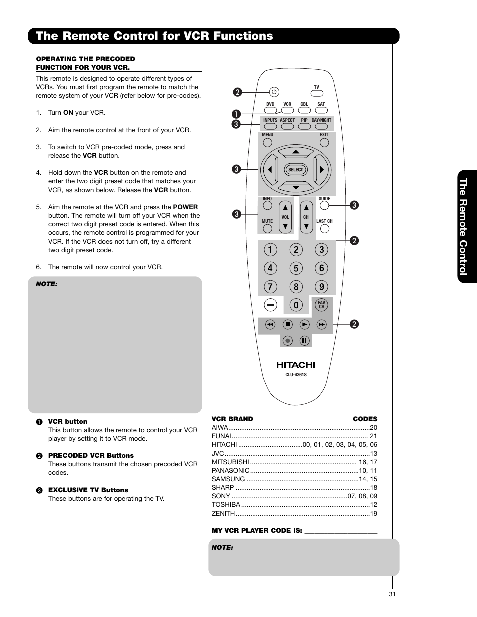 The remote control for vcr functions, The remote contr ol | Hitachi 50C20 User Manual | Page 31 / 72