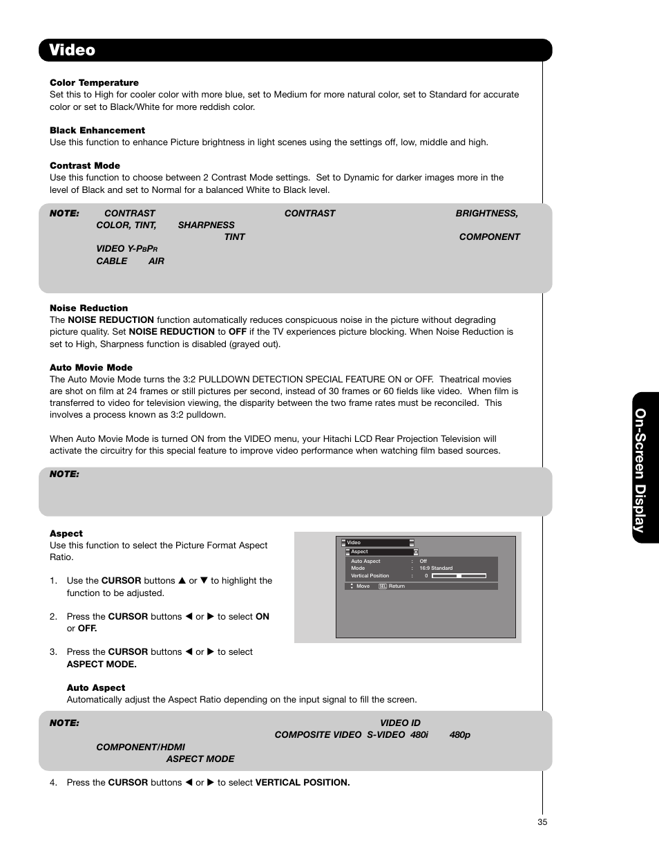 Video, On-scr een display | Hitachi 50C20 User Manual | Page 35 / 72