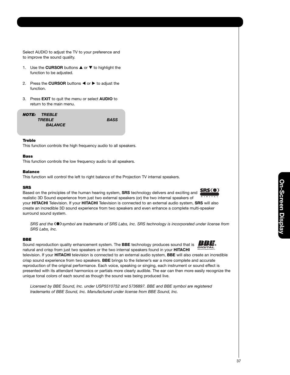 On-scr een display | Hitachi 50C20 User Manual | Page 37 / 72