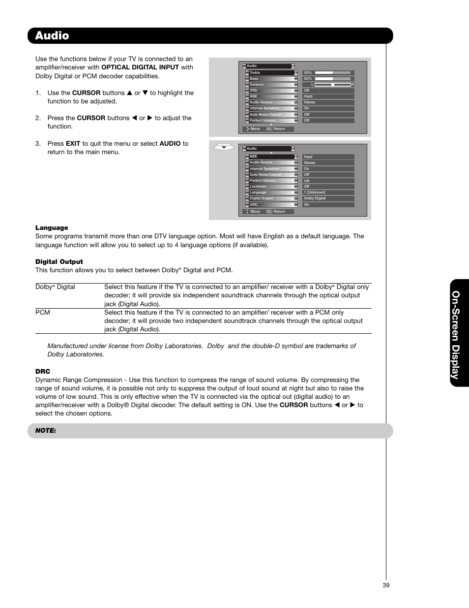 Audio, On-scr een display | Hitachi 50C20 User Manual | Page 39 / 72