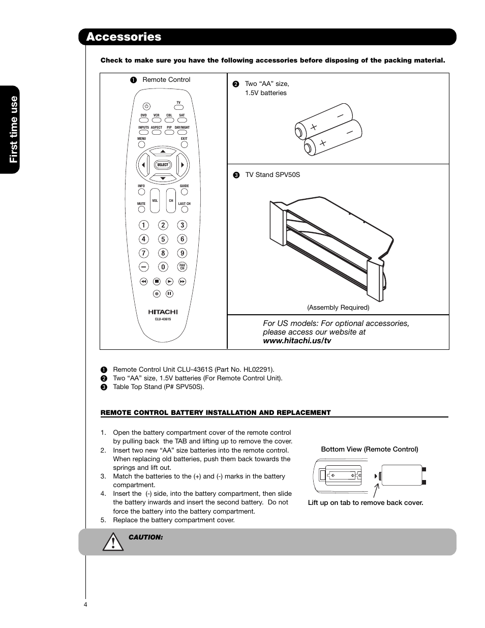 Accessories, First time use | Hitachi 50C20 User Manual | Page 4 / 72