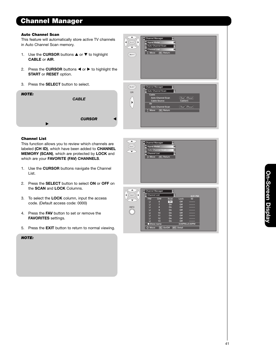 Channel manager, On-scr een display | Hitachi 50C20 User Manual | Page 41 / 72