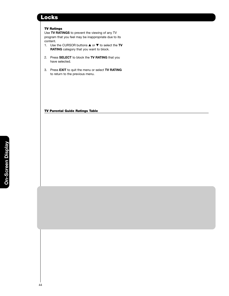 Locks, On-scr een display | Hitachi 50C20 User Manual | Page 44 / 72