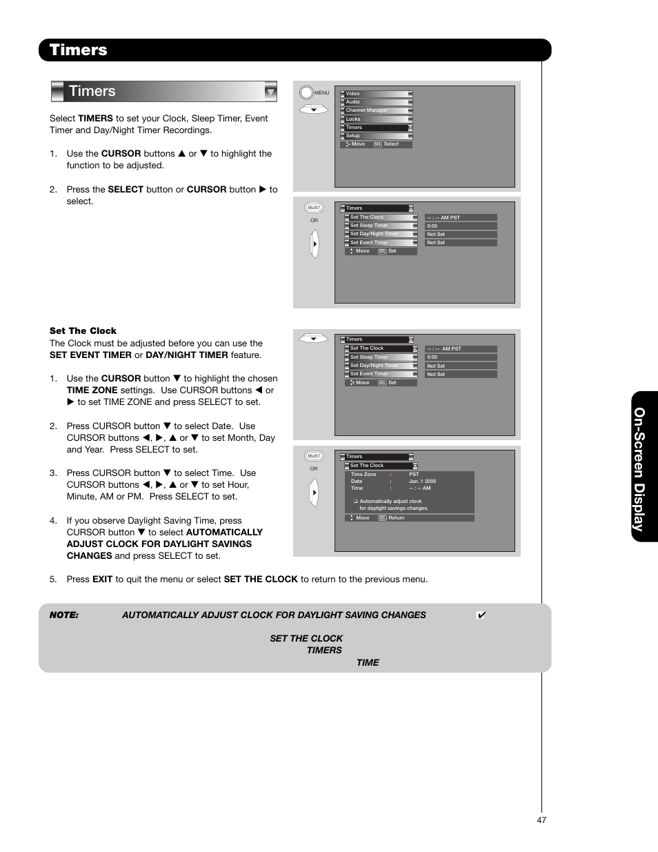 Timers, On-scr een display | Hitachi 50C20 User Manual | Page 47 / 72