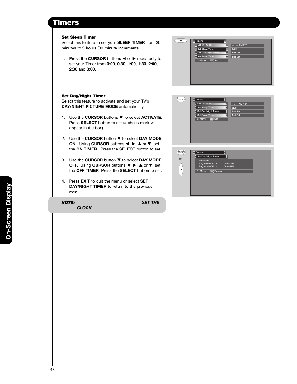 Timers, On-scr een display | Hitachi 50C20 User Manual | Page 48 / 72