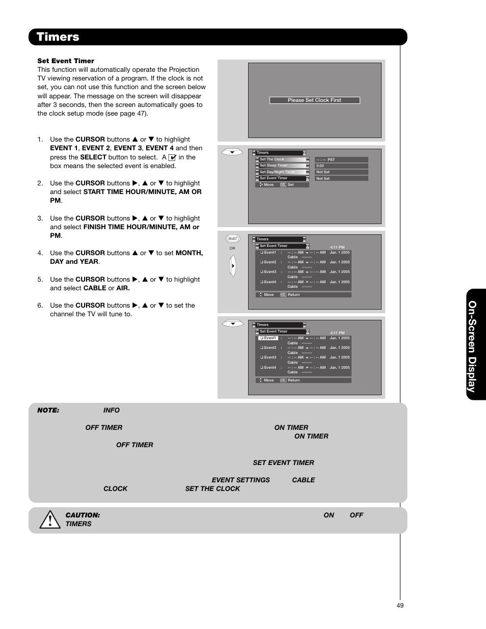 Timers, On-scr een display | Hitachi 50C20 User Manual | Page 49 / 72