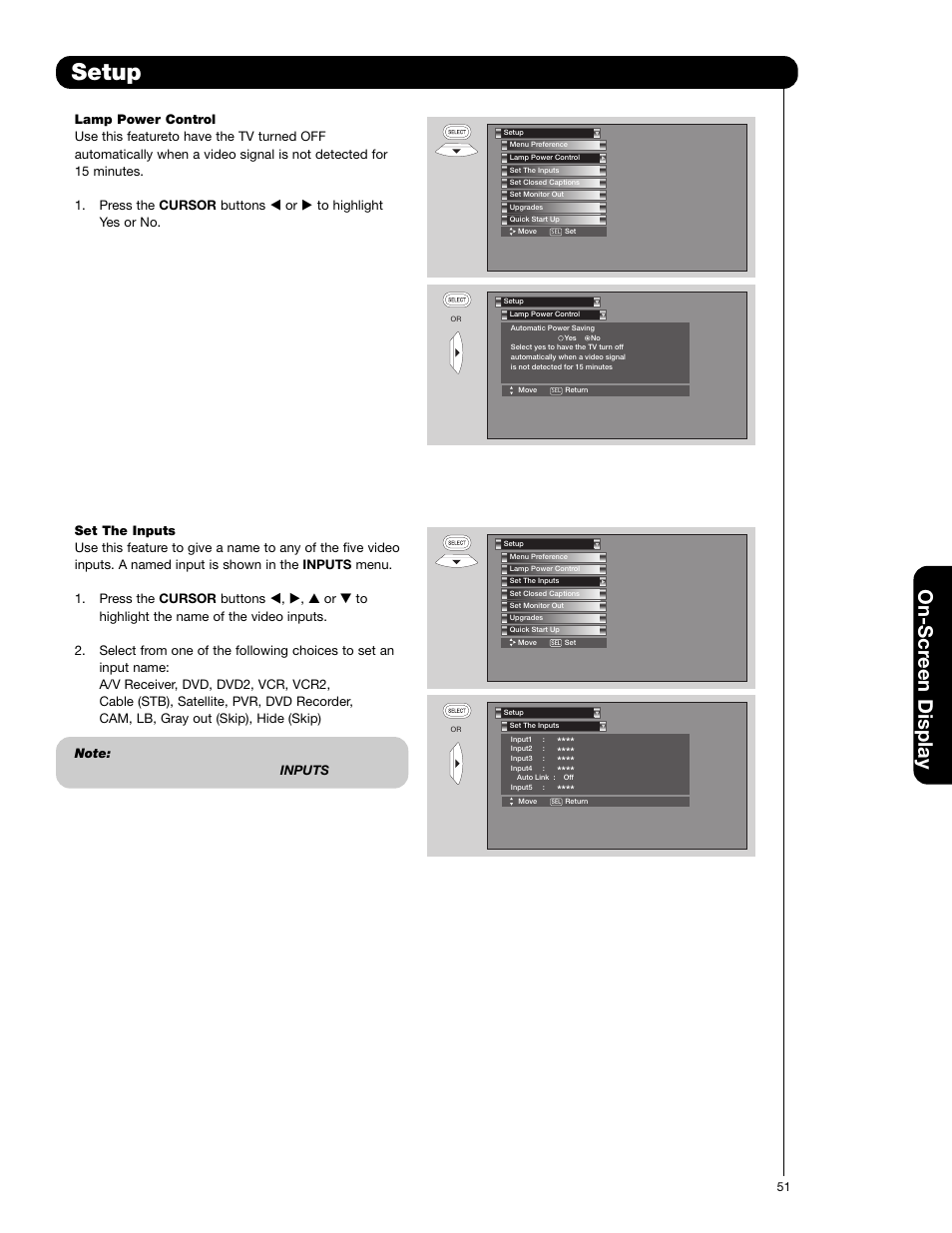 Setup, On-scr een display | Hitachi 50C20 User Manual | Page 51 / 72