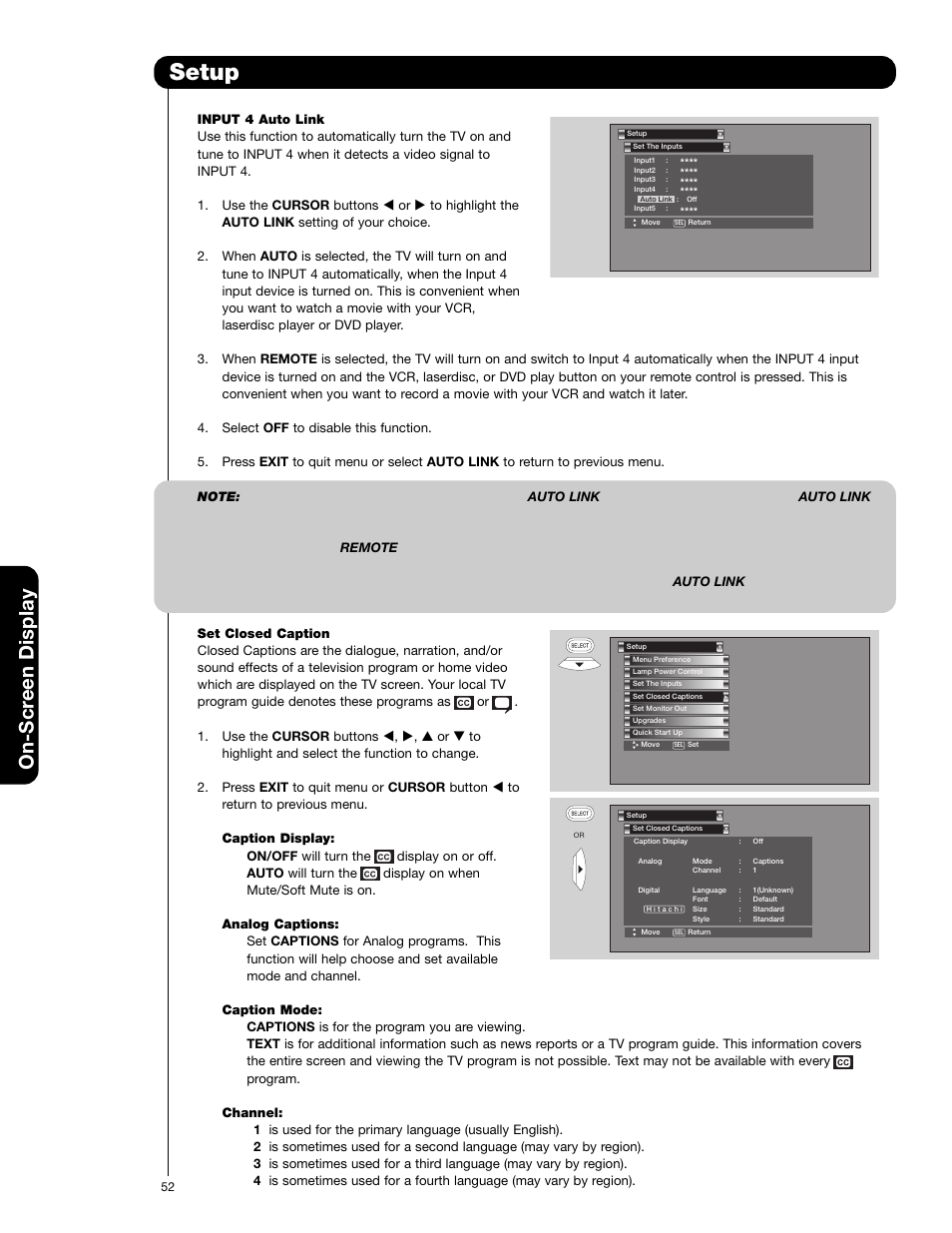 Setup, On-scr een display | Hitachi 50C20 User Manual | Page 52 / 72