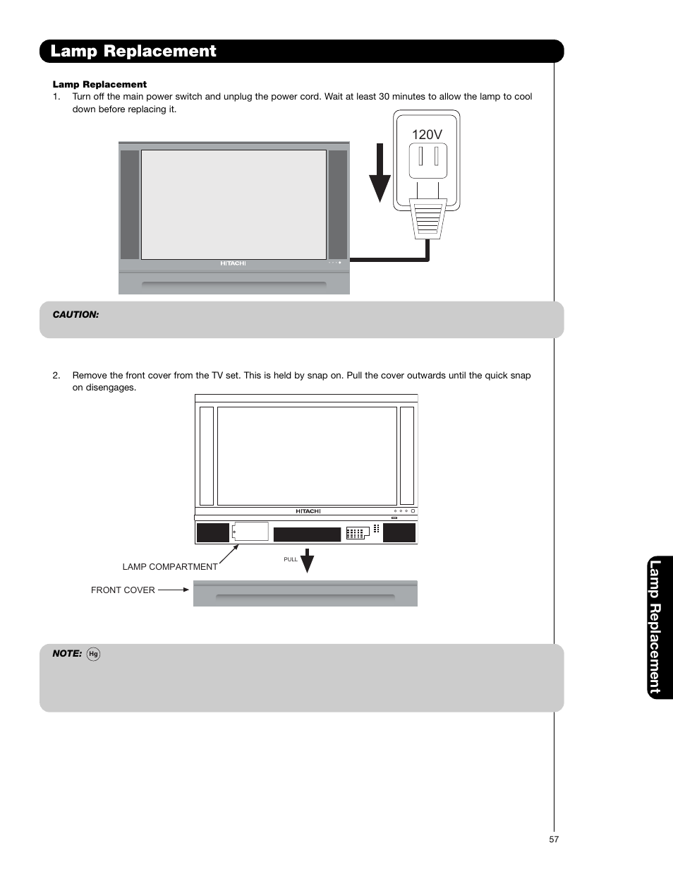 Lamp replacement, 120v | Hitachi 50C20 User Manual | Page 57 / 72