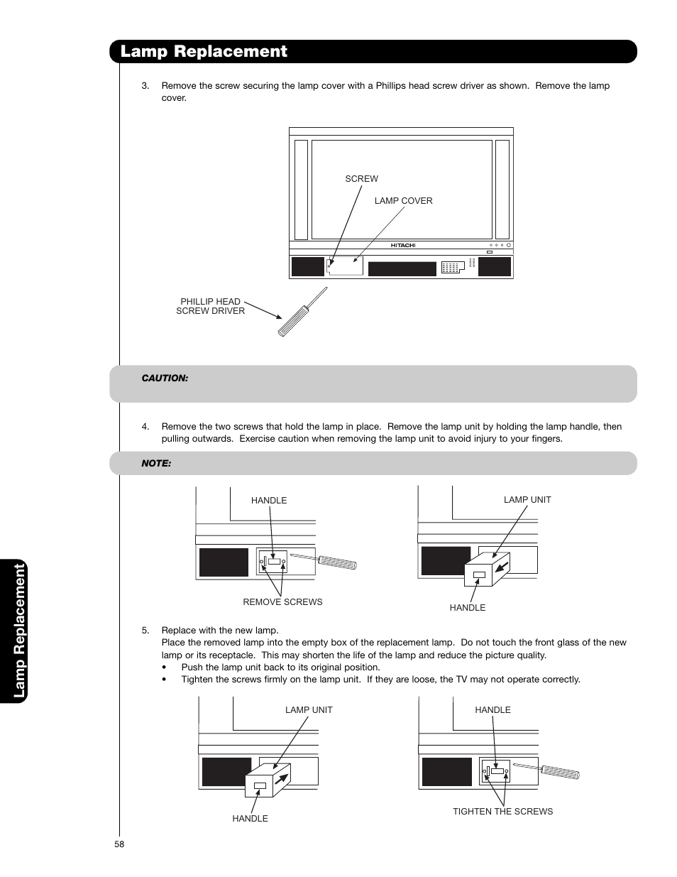 Lamp replacement | Hitachi 50C20 User Manual | Page 58 / 72