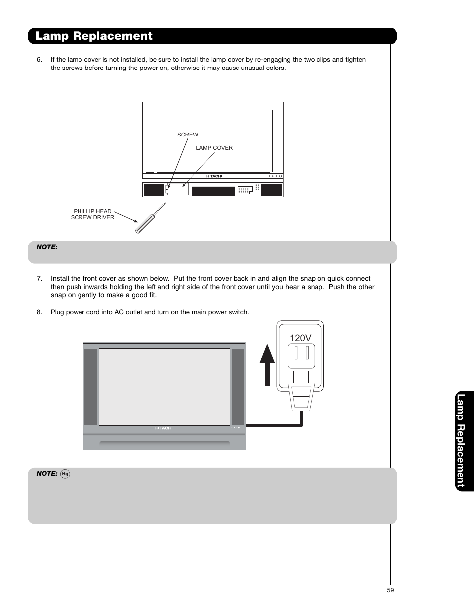 Lamp replacement, 120v | Hitachi 50C20 User Manual | Page 59 / 72