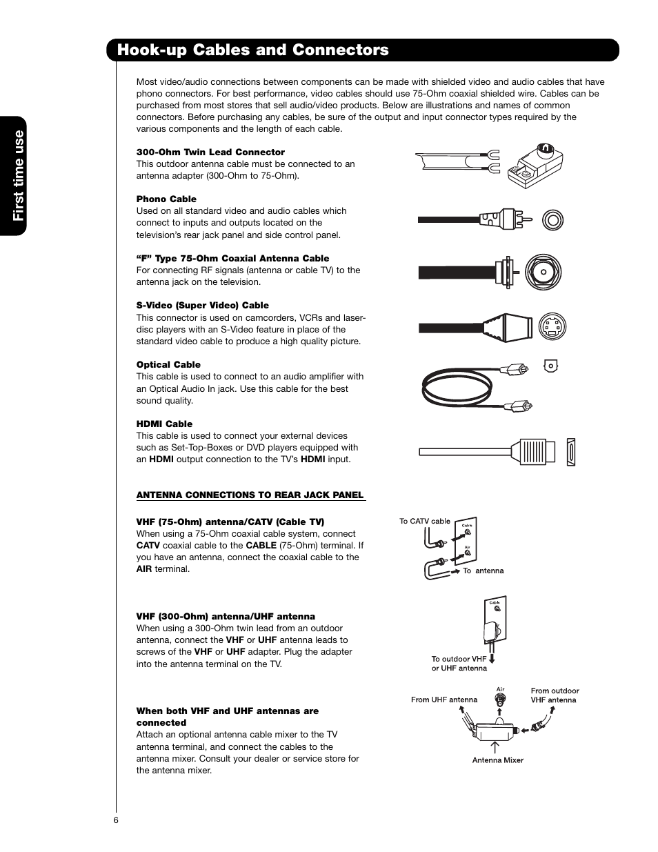 Hook-up cables and connectors, First time use | Hitachi 50C20 User Manual | Page 6 / 72