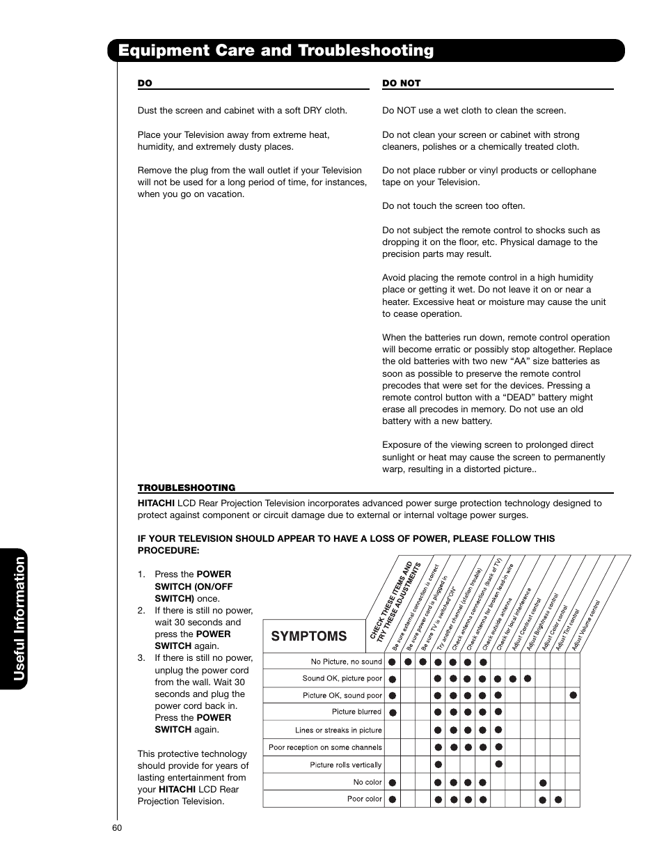 Equipment care and troubleshooting, Useful information | Hitachi 50C20 User Manual | Page 60 / 72