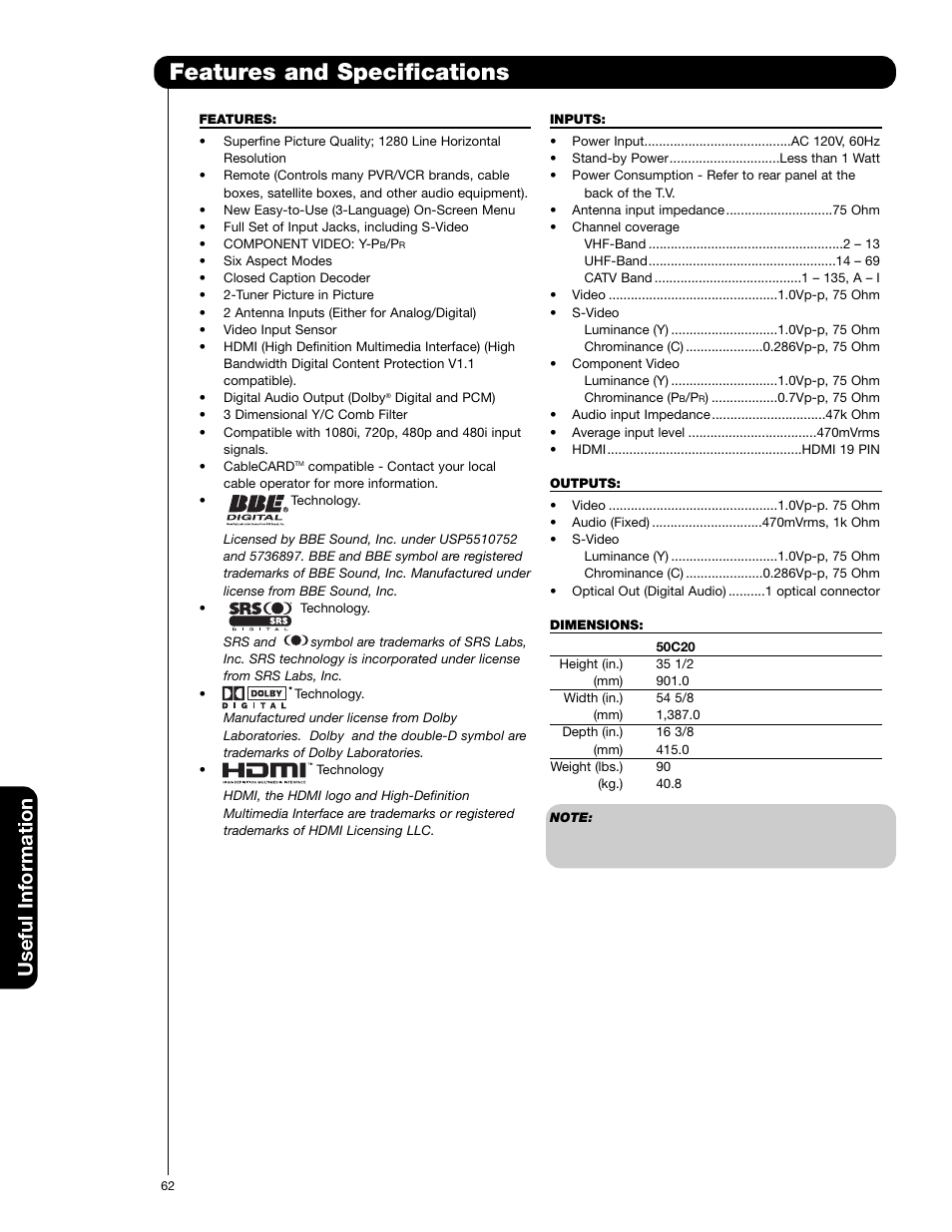 Features and specifications, Useful information | Hitachi 50C20 User Manual | Page 62 / 72