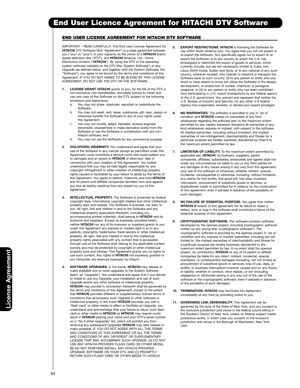 License agr eement | Hitachi 50C20 User Manual | Page 64 / 72