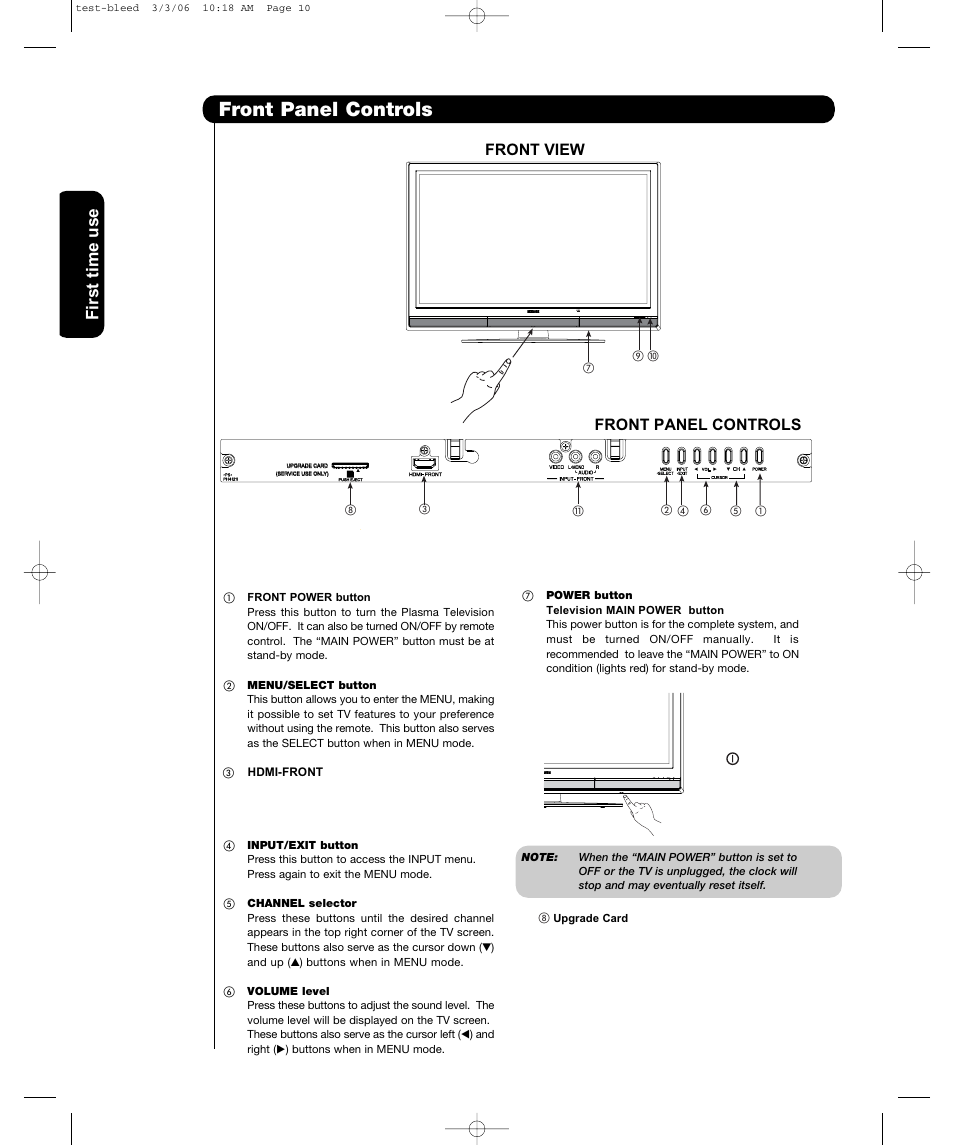 Front panel controls, First time use, Front view | Hitachi P42H401 User Manual | Page 12 / 144