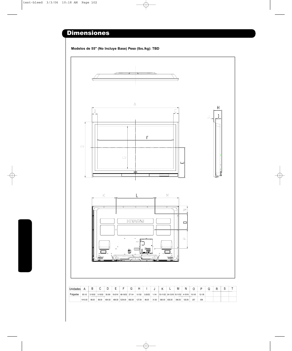 Dimensiones | Hitachi P42H401 User Manual | Page 126 / 144