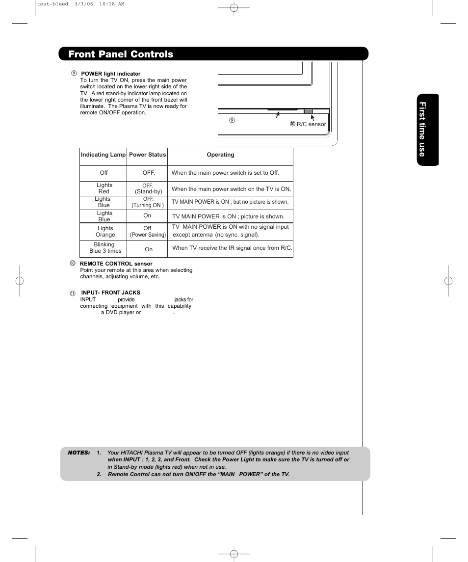 Front panel controls, First time use | Hitachi P42H401 User Manual | Page 13 / 144