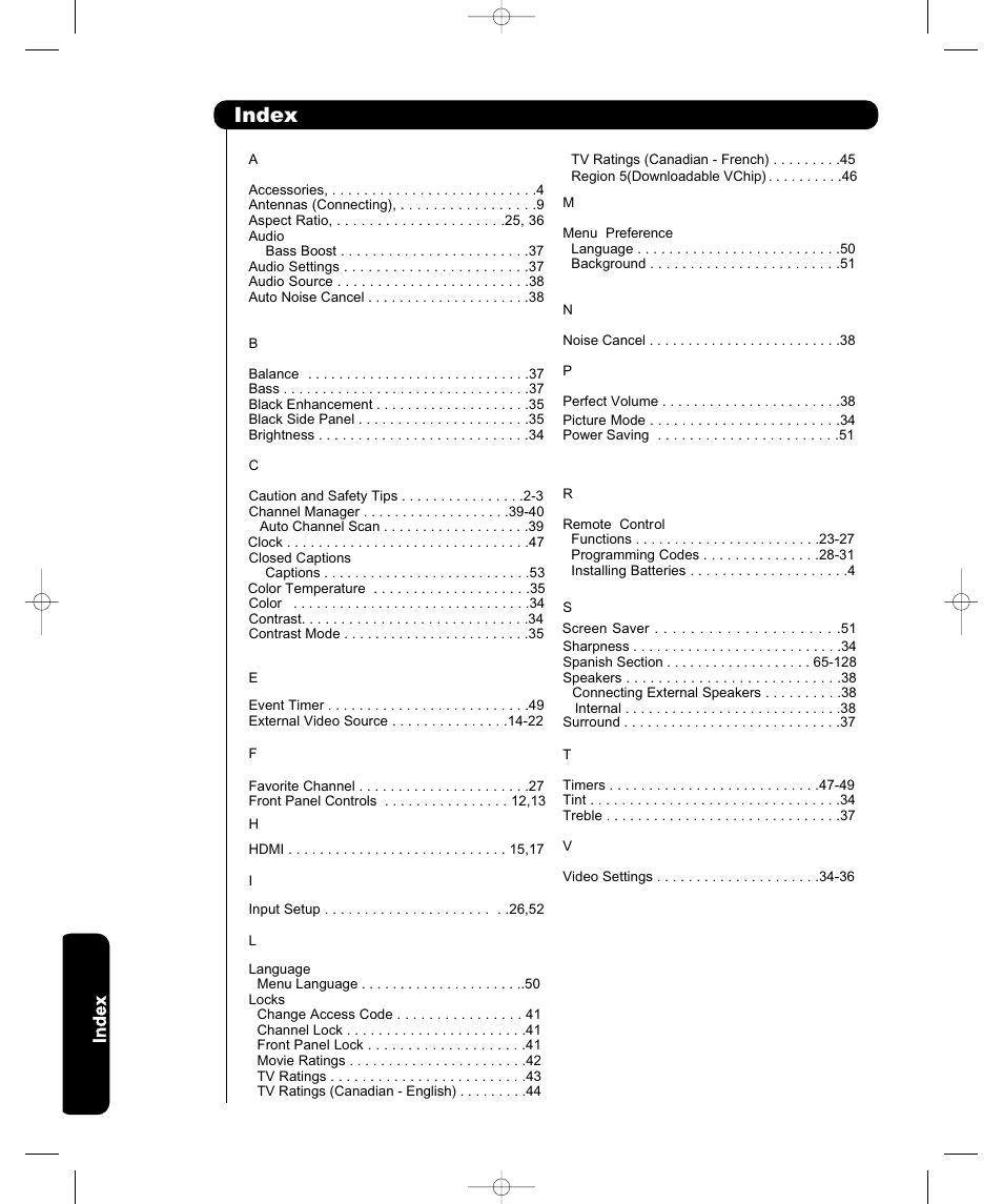 Index | Hitachi P42H401 User Manual | Page 140 / 144