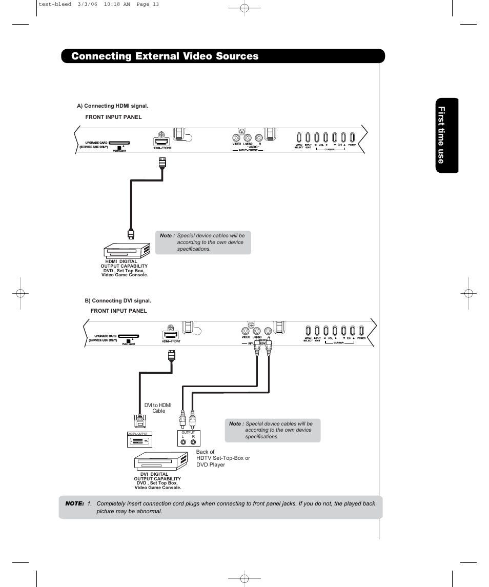 Connecting external video sources, First time use | Hitachi P42H401 User Manual | Page 15 / 144