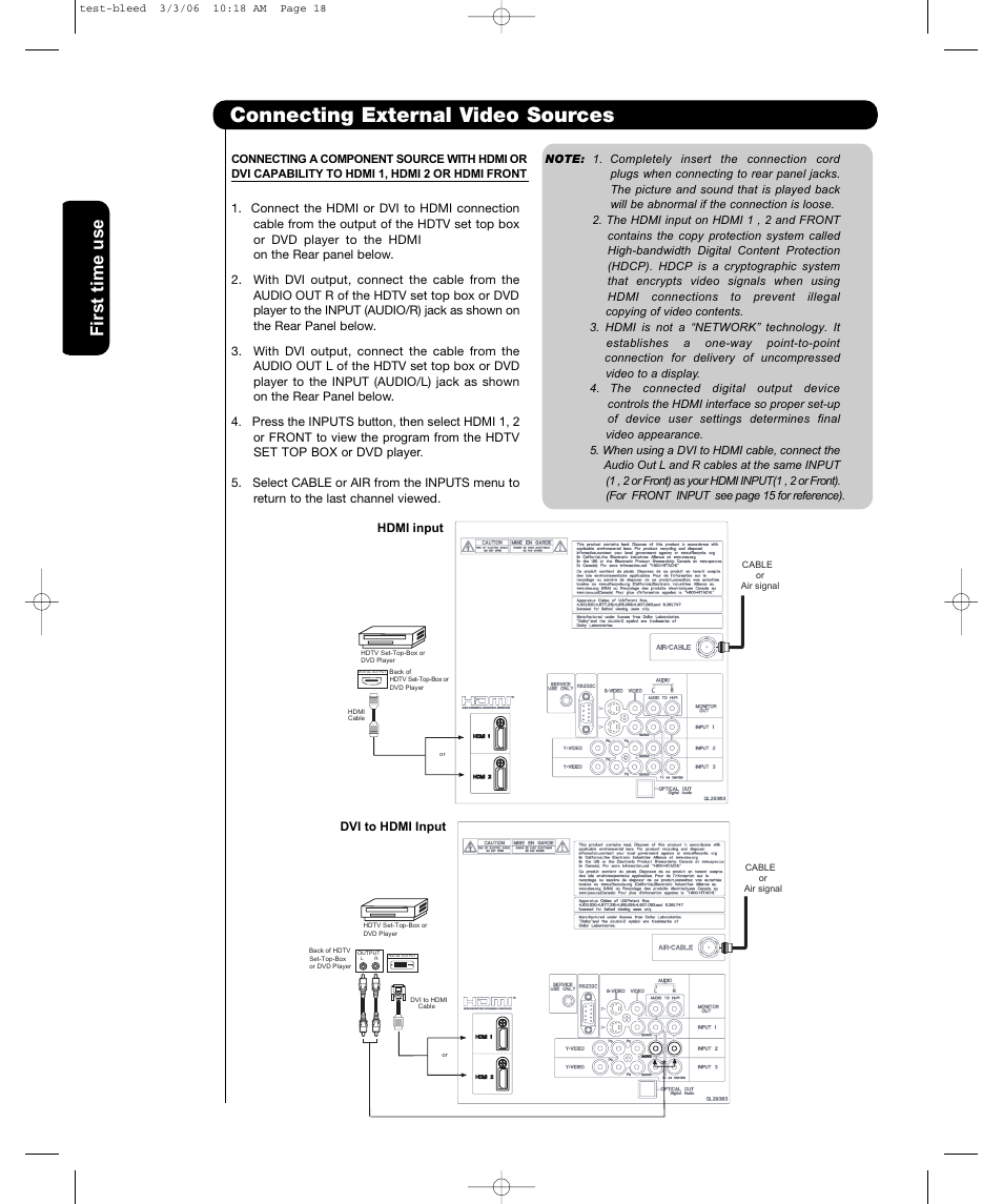 Connecting external video sources, First time use | Hitachi P42H401 User Manual | Page 20 / 144