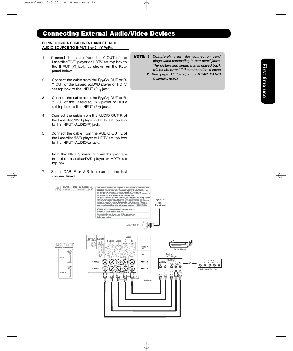 Connecting external audio/video devices, First time use | Hitachi P42H401 User Manual | Page 21 / 144