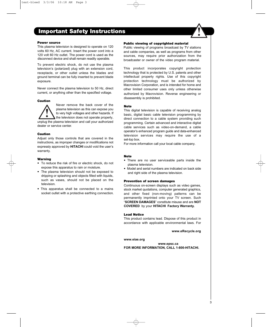 Important safety instructions | Hitachi P42H401 User Manual | Page 3 / 144