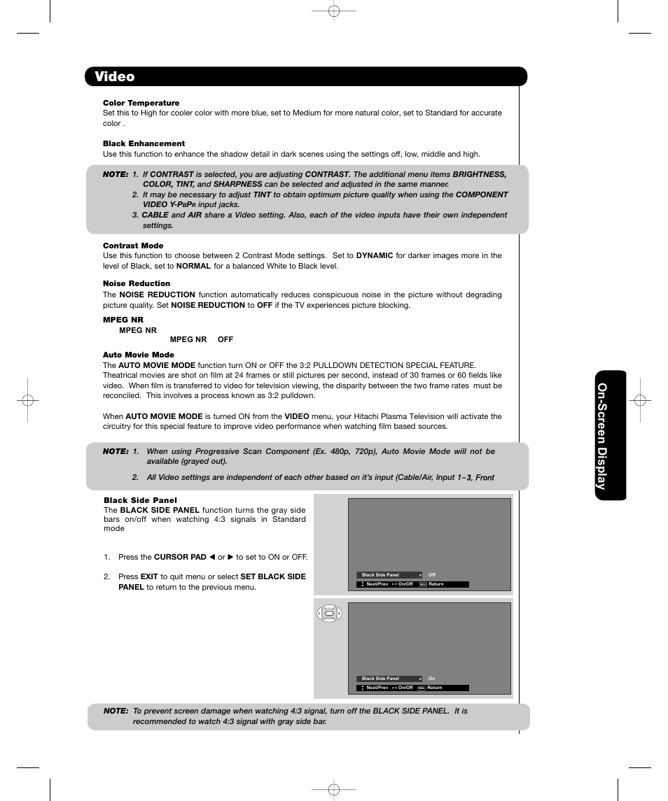 Video, On-scr een display | Hitachi P42H401 User Manual | Page 35 / 144