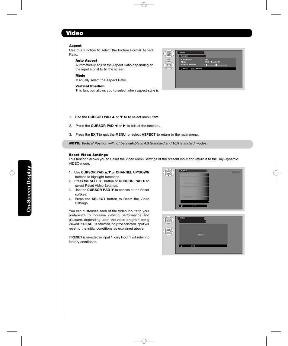 Video, On-sc reen display, On-scr een display | Hitachi P42H401 User Manual | Page 36 / 144