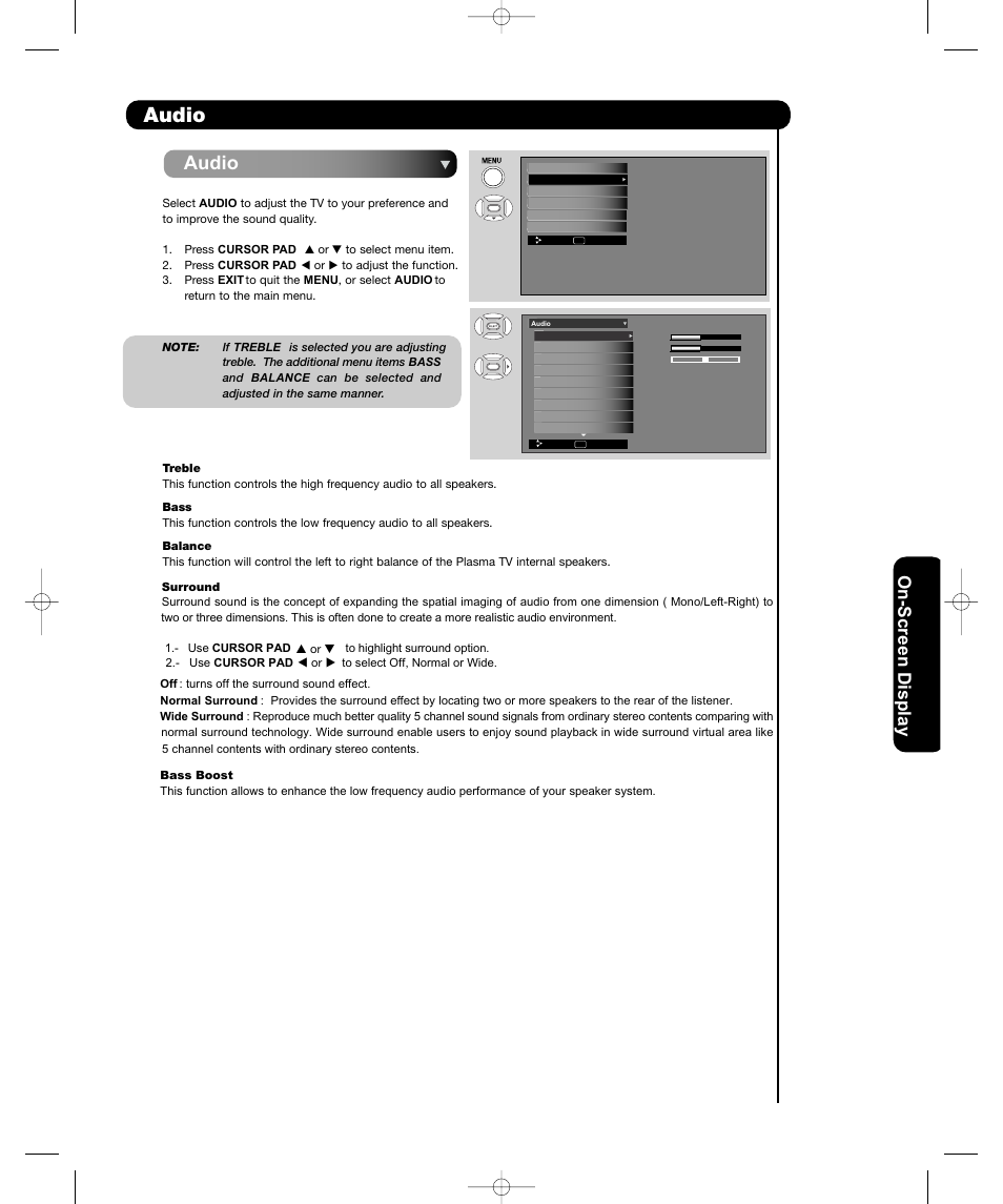 Audio, On-scr een display | Hitachi P42H401 User Manual | Page 37 / 144