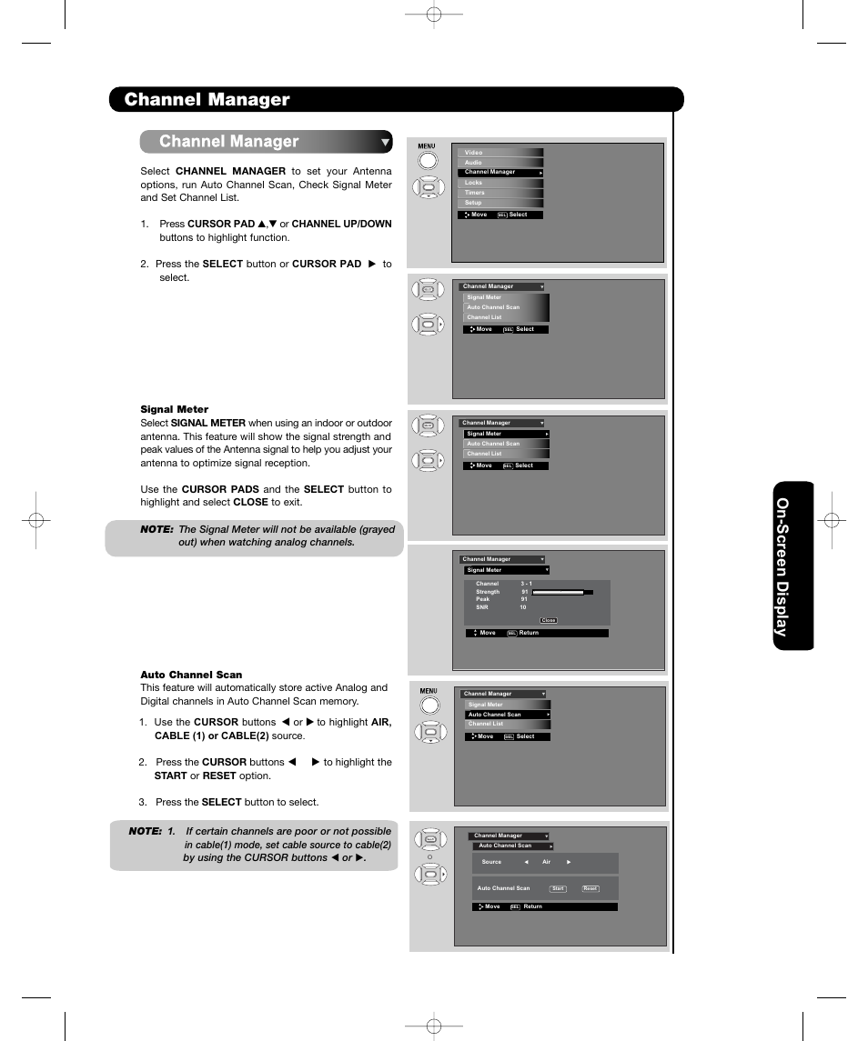 Channel manager, On-sc ree n display | Hitachi P42H401 User Manual | Page 39 / 144