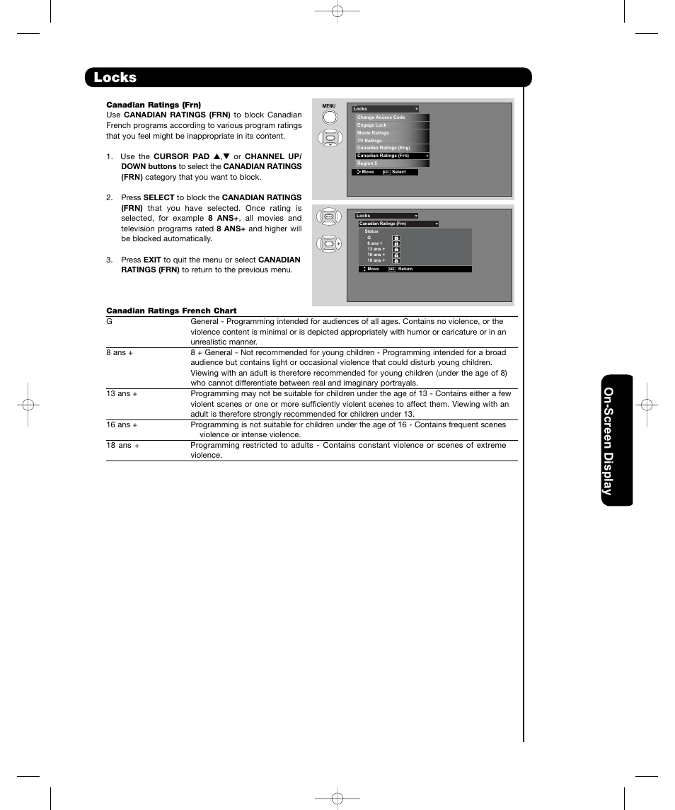 Locks, On-sc ree n display | Hitachi P42H401 User Manual | Page 45 / 144