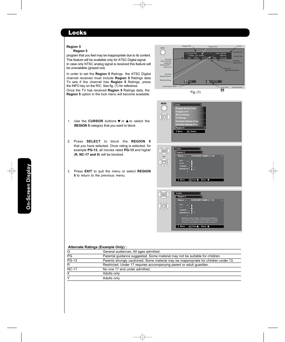 Locks, On-scr een display | Hitachi P42H401 User Manual | Page 46 / 144