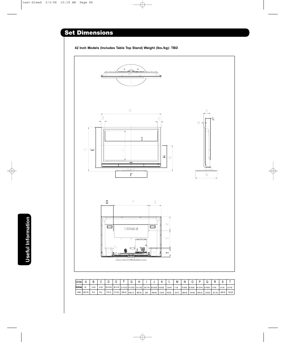 Set dimensions, Useful information | Hitachi P42H401 User Manual | Page 60 / 144