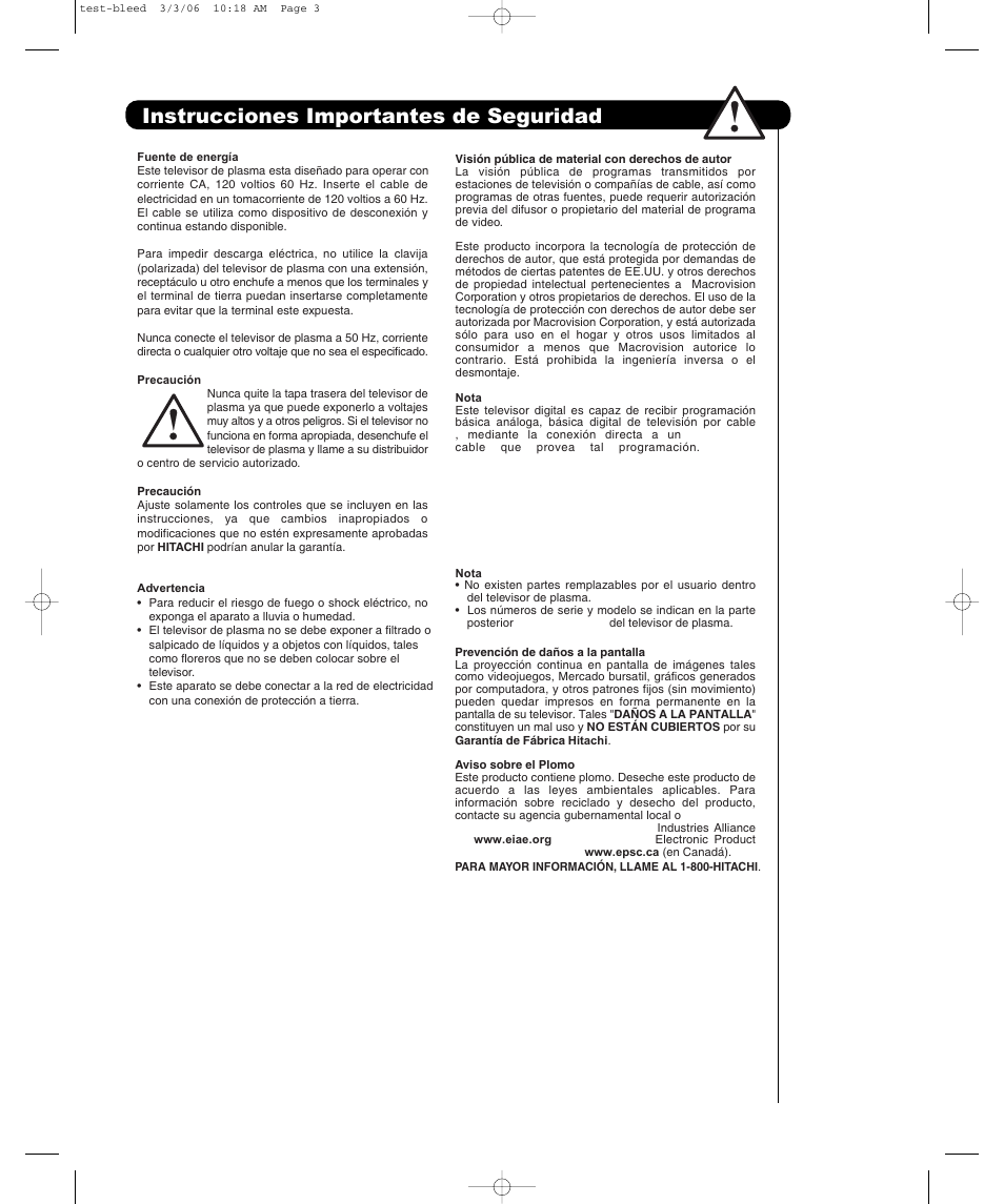 Instrucciones importantes de seguridad | Hitachi P42H401 User Manual | Page 67 / 144
