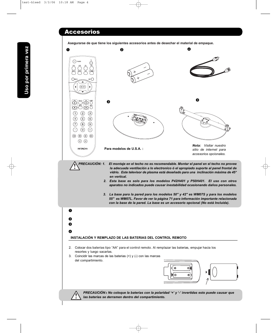 Accesorios, Uso por primera vez | Hitachi P42H401 User Manual | Page 68 / 144