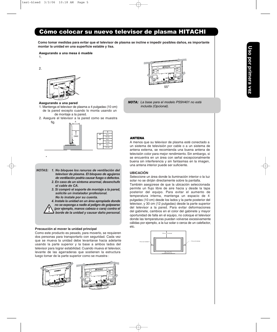Cómo colocar su nuevo televisor de plasma hitachi, Us o po r primer a vez | Hitachi P42H401 User Manual | Page 69 / 144