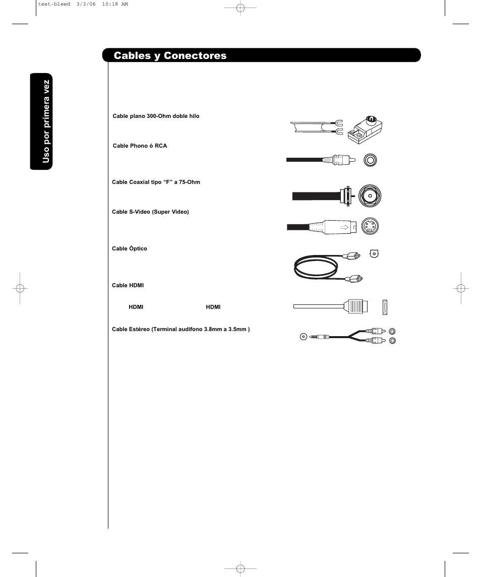 Cables y conectores, Uso por primera vez | Hitachi P42H401 User Manual | Page 74 / 144