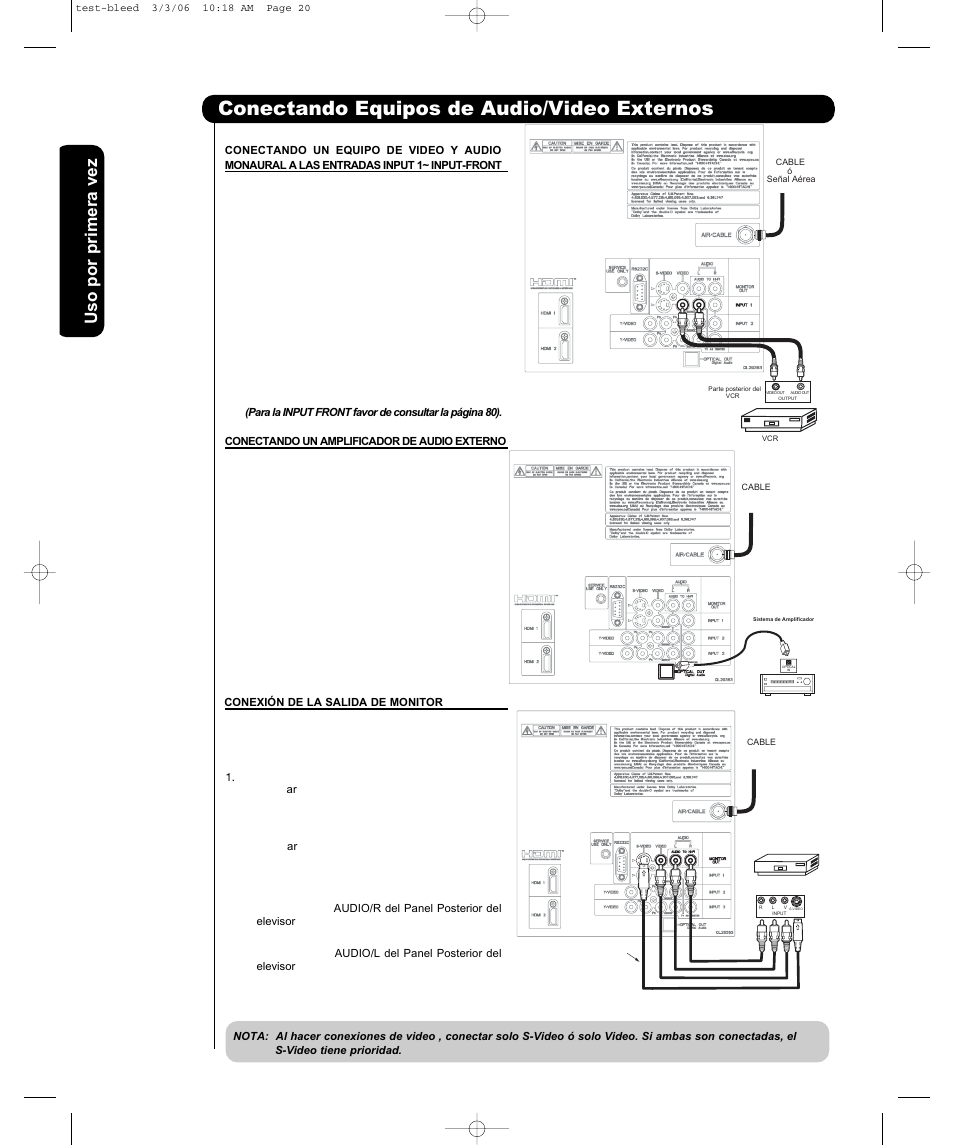 Conectando equipos de audio/video externos, Uso por primera vez | Hitachi P42H401 User Manual | Page 86 / 144